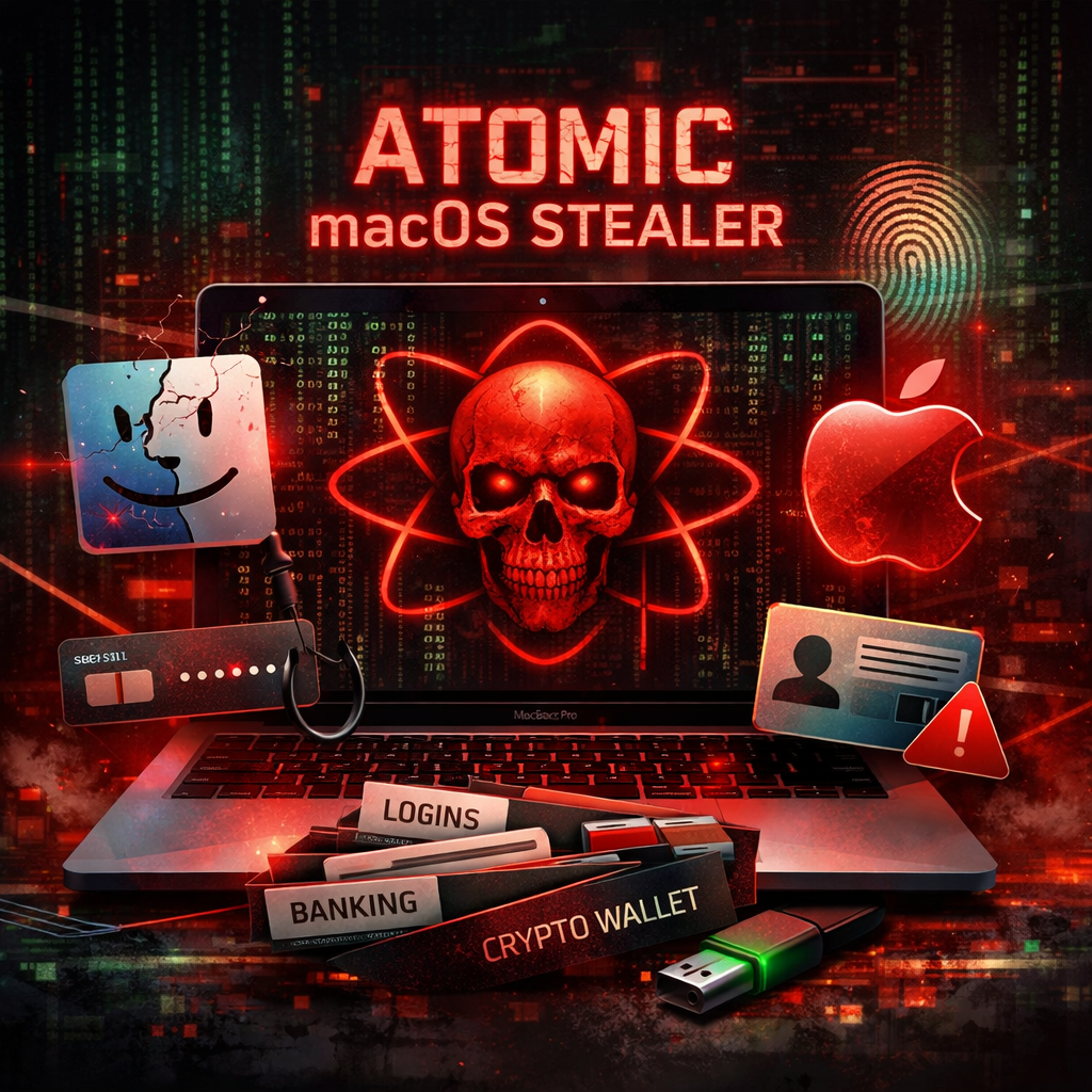 Red skull with atomic symbol on laptop screen surrounded by Mac icons and stolen data labels
