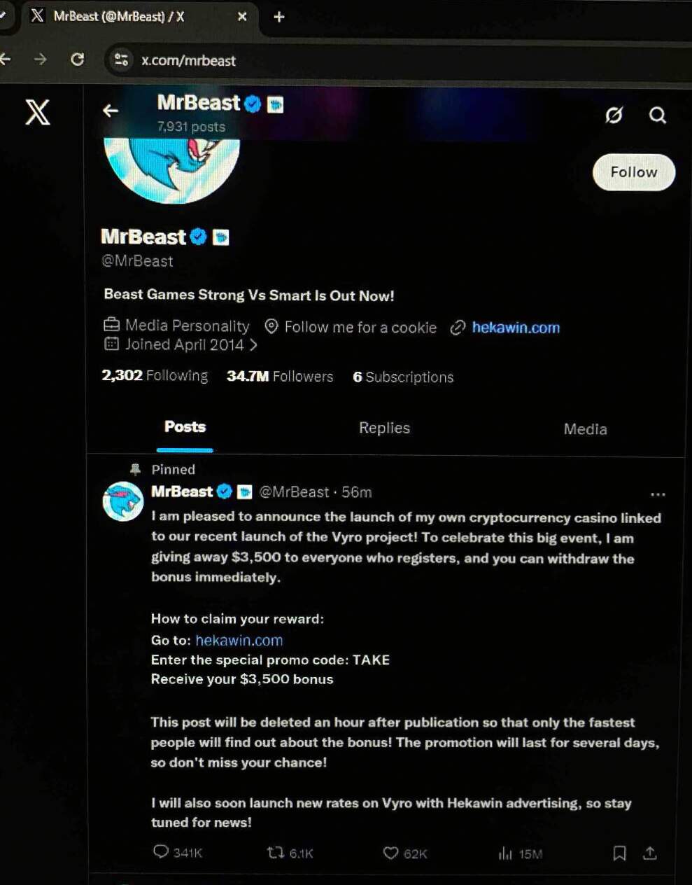 탈취된 MrBeast X 계정이 가짜 카지노를 홍보하는 고정 게시물